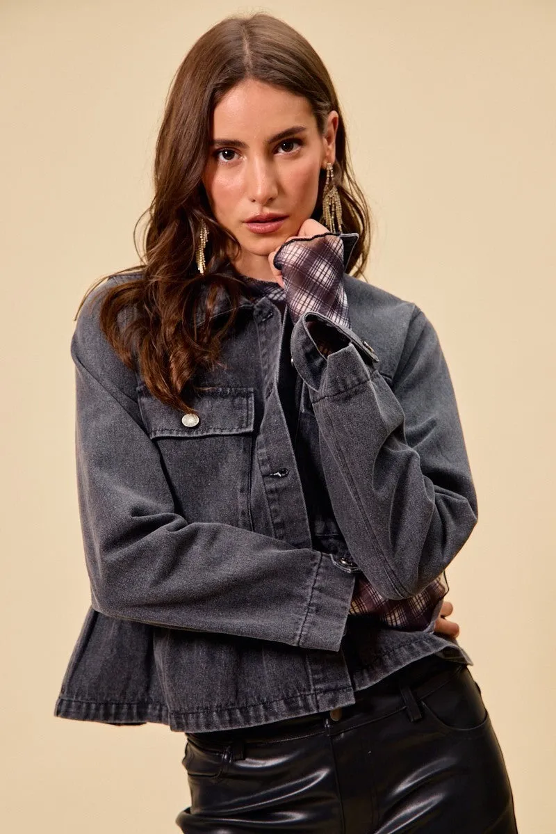 SO ME Denim Peplum Hem Front Button Jacket With Pockets sold by Zulily product image thumbnail 2
