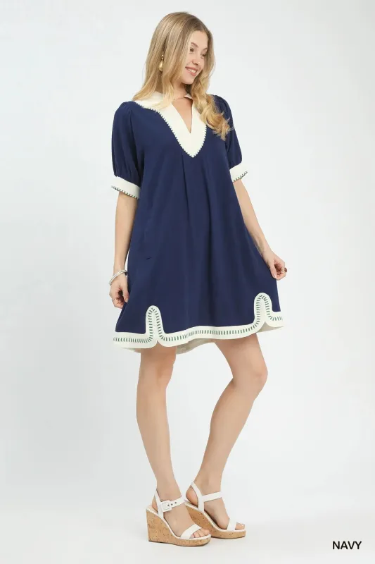Umgee Linen Contrast Trim Midi Dress in Navy made by Zulily