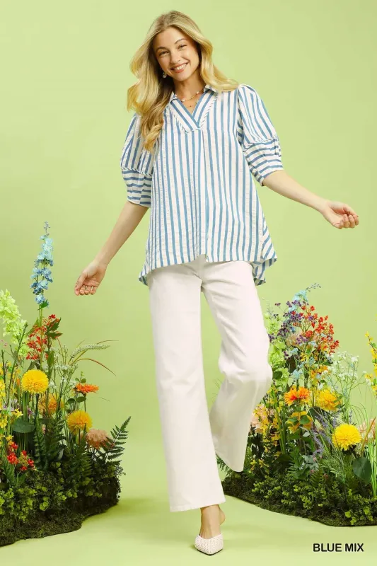 Umgee Striped Puff Sleeve Blouse made by Zulily