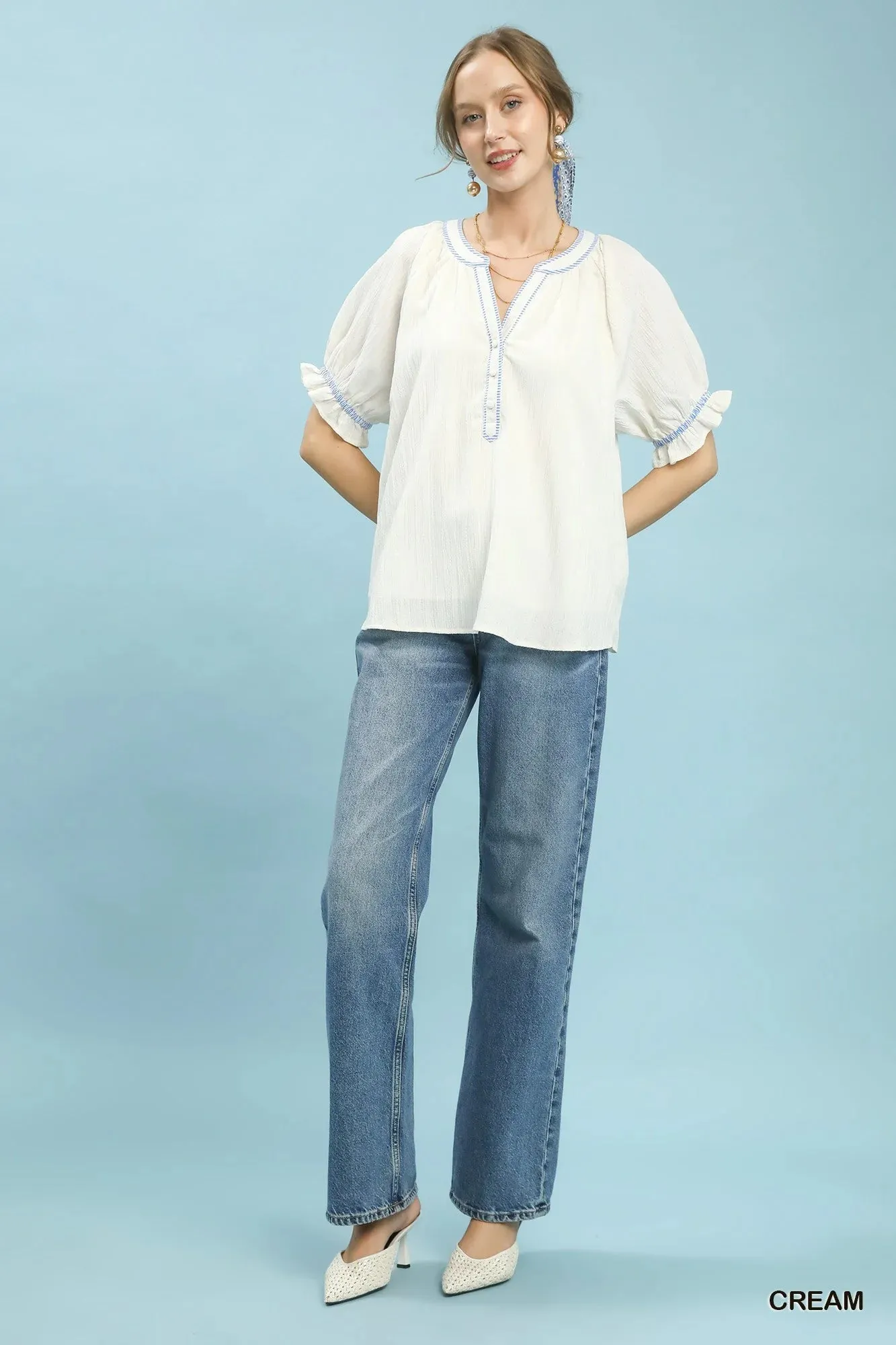 Umgee Textured Split Neck Puff Sleeve Top sold by Zulily product image thumbnail 4