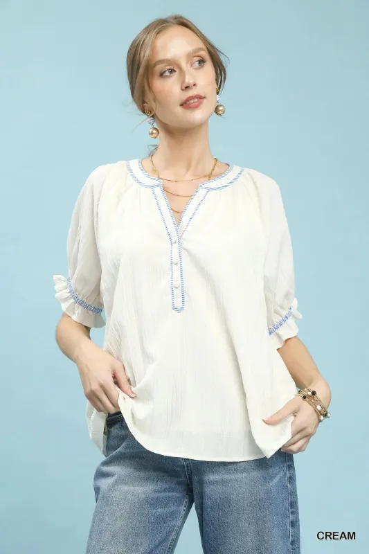 Umgee Textured Split Neck Puff Sleeve Top made by Zulily