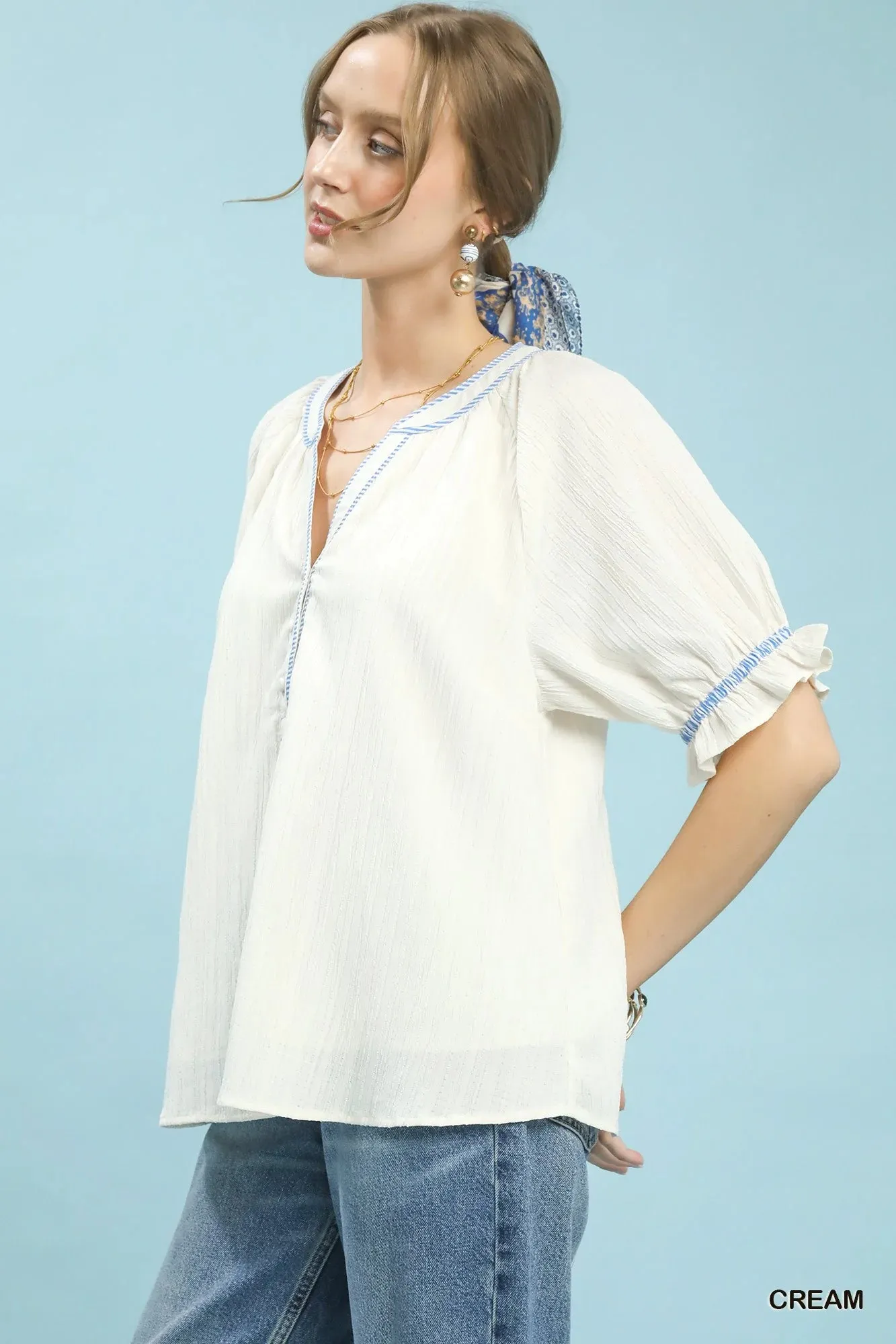 Umgee Textured Split Neck Puff Sleeve Top sold by Zulily product image thumbnail 2