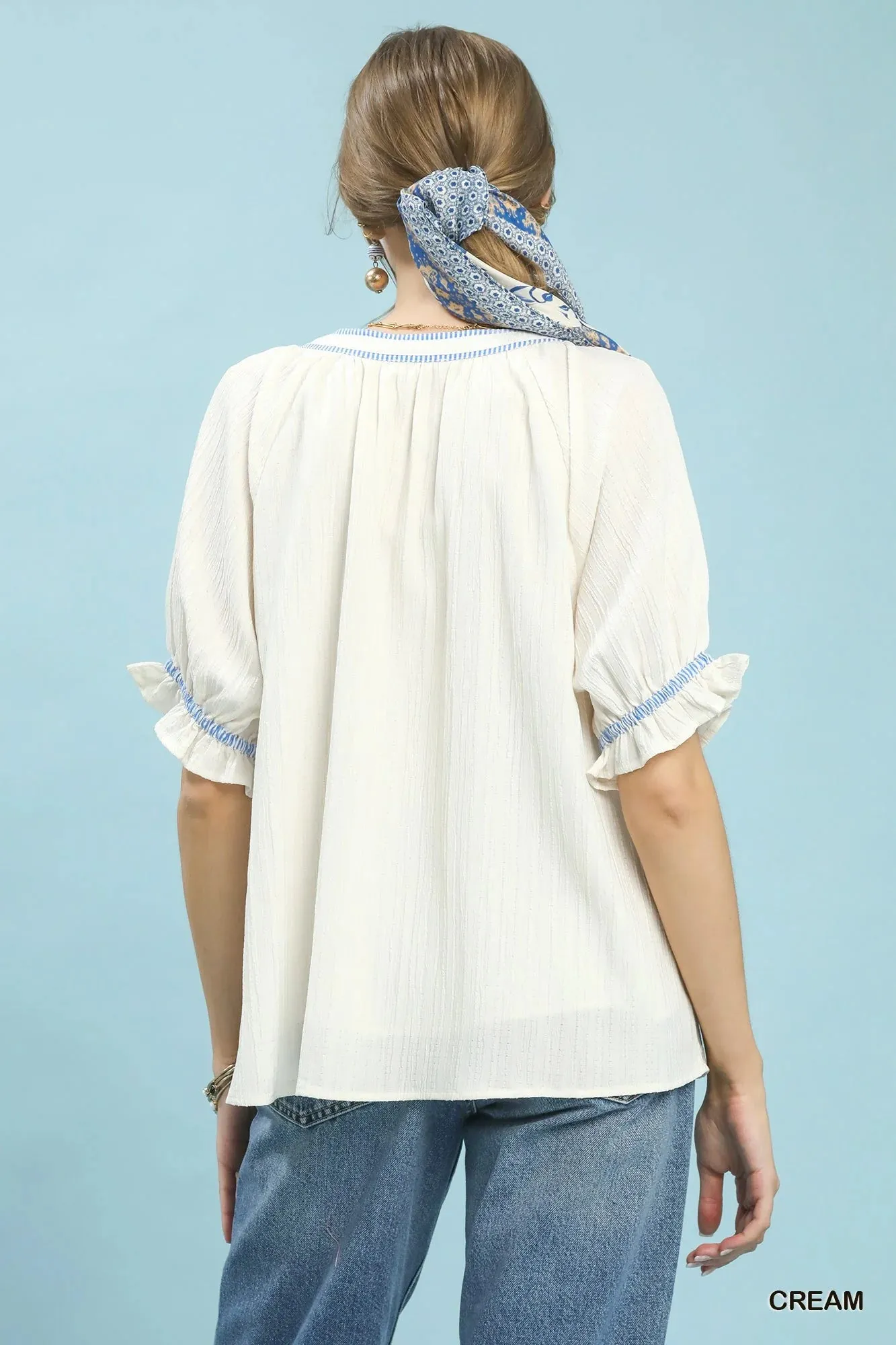Umgee Textured Split Neck Puff Sleeve Top sold by Zulily product image thumbnail 3