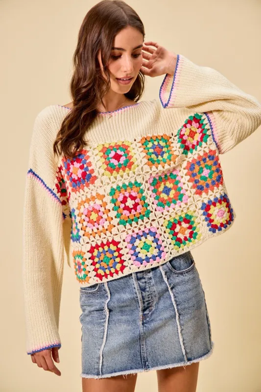 SO ME Multi Color Granny Crochet Lace Sweater Top made by Zulily