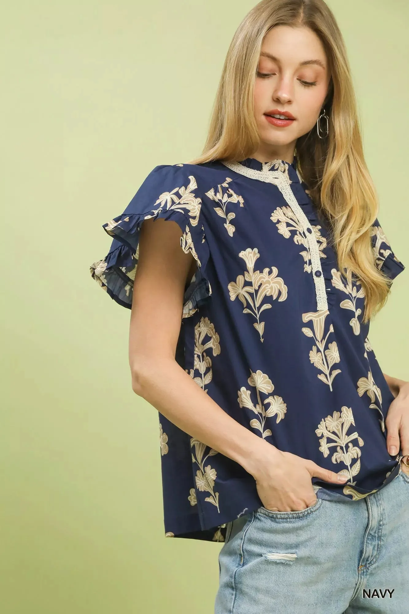 Umgee Floral Ruffle Sleeve Split-Neck Top sold by Zulily product image thumbnail 3