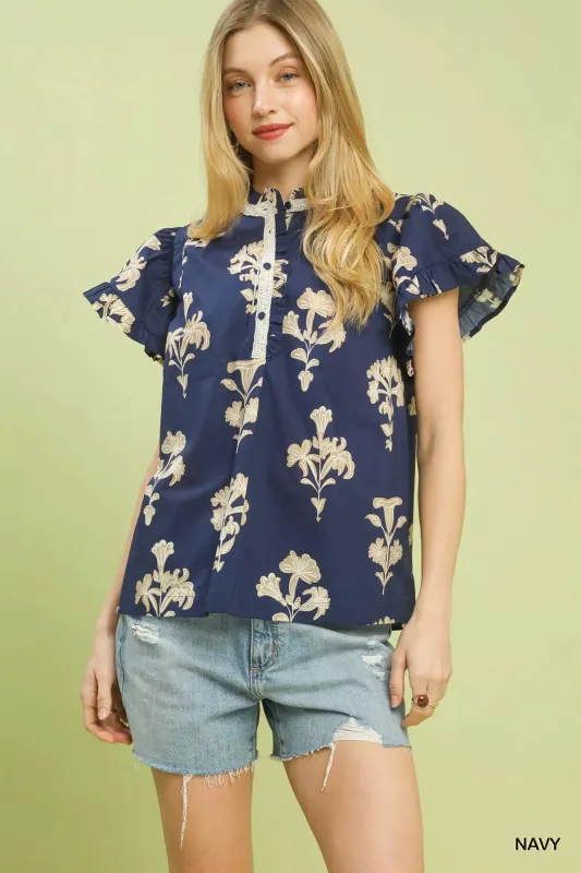 Umgee Floral Ruffle Sleeve Split-Neck Top made by Zulily