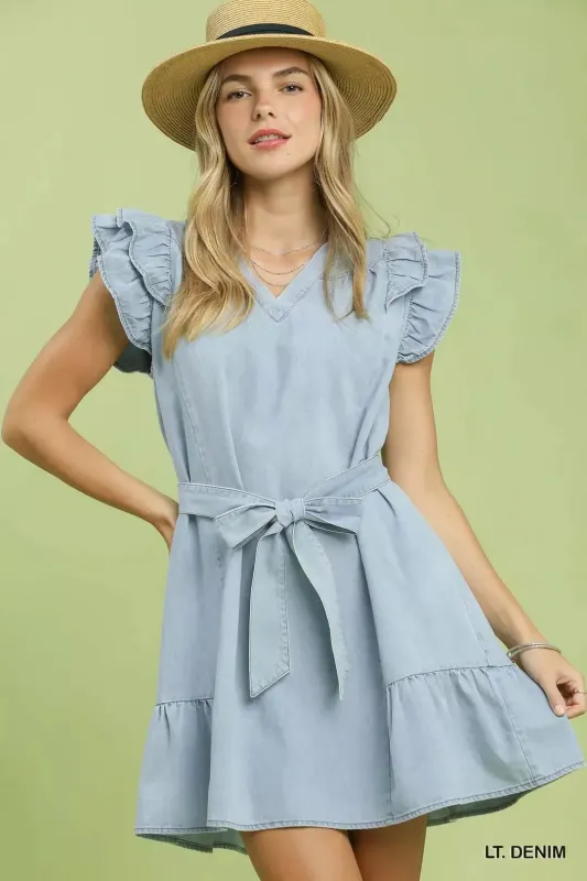 Umgee Chambray Ruffled Denim Dress with Side Pockets made by Zulily