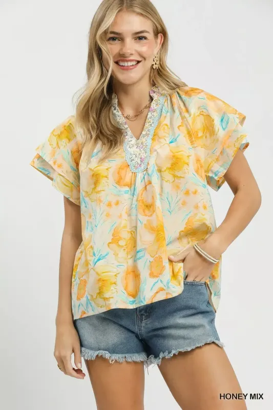 Umgee Mix Floral Print Blouse with Crochet Lace Trim made by Zulily