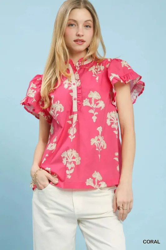 Umgee Floral Ruffle Sleeve Split-Neck Top made by Zulily