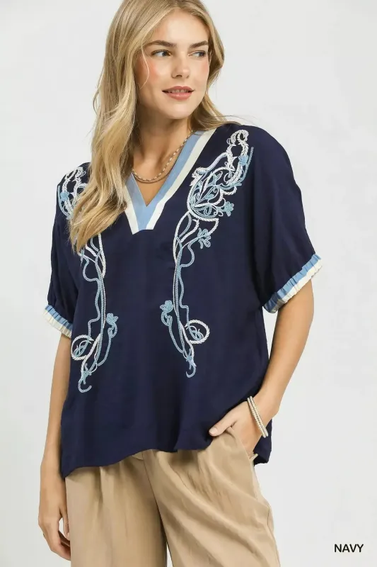 Umgee Embroidered Floral V-Neck Short Sleeve Blouse with Contrast Trim made by Zulily