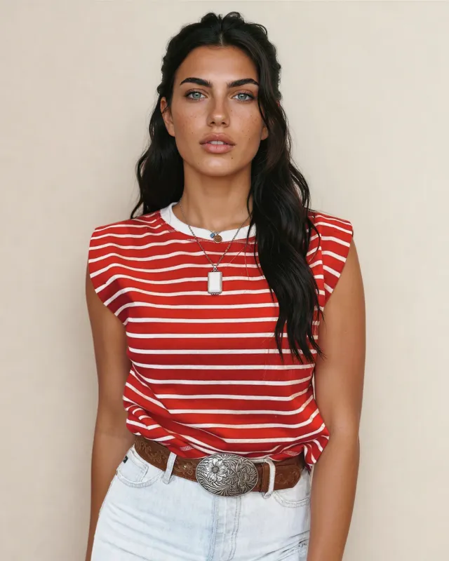 Serena Stripe Ribbed Round Neck Trim Loose Tank Top - Red made by Zulily