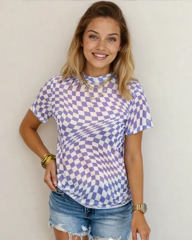 Short Sleeve Checkered Mesh Crew T Shirt - Purple made by Zulily
