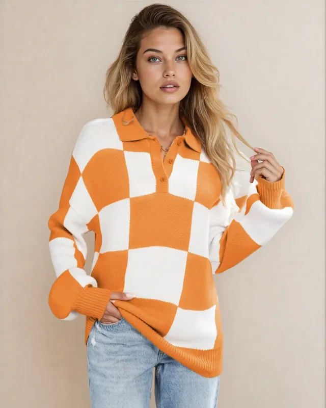 V Neck Checkered Sweater - Tangerine made by Zulily