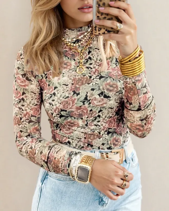 Ophelia Retro Floral Print Mock Neck Mesh Long Sleeve Top - Black made by Zulily