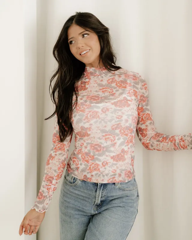 Ophelia Retro Floral Print Mock Neck Mesh Long Sleeve Top - White made by Zulily