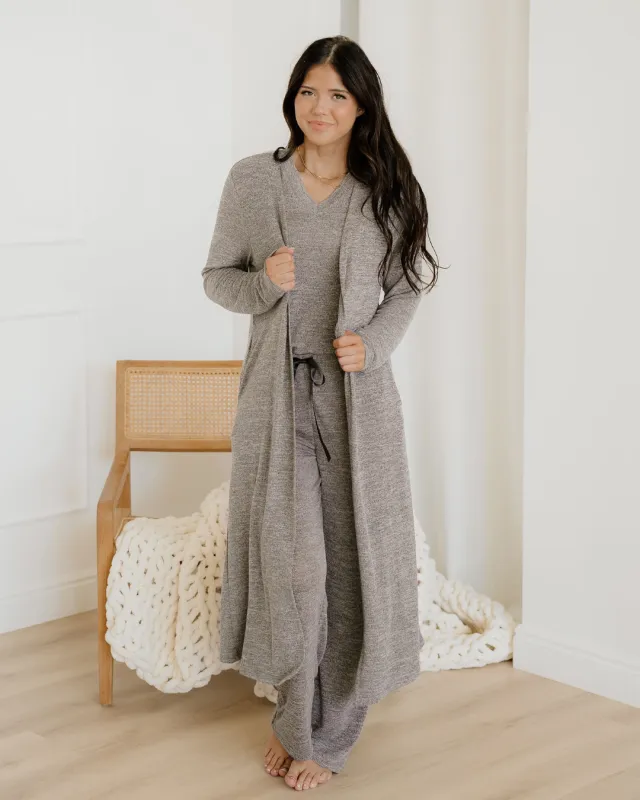 Maggie 3pcs V Neck T Shirt Ribbon Knot Pants Open Duster 3pcs Lounge Set - Gray made by Zulily