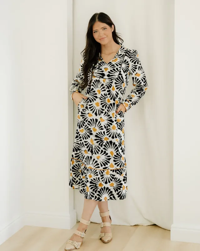 Lucille Abstract Floral Print Split V Neck Long Dress with Sleeves made by Zulily