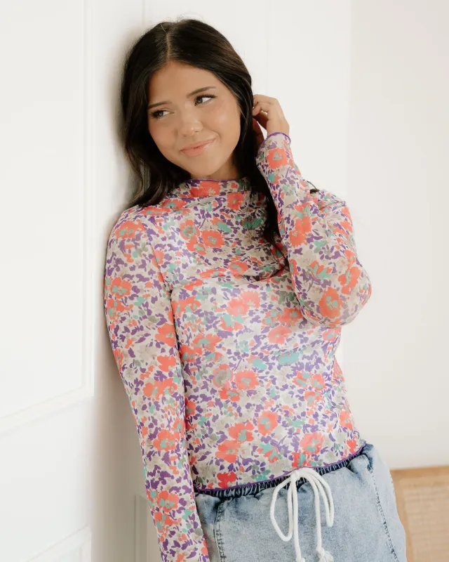 Jaylene Slim Fit Floral Mesh Long Sleeve Mock Neck Top made by Zulily