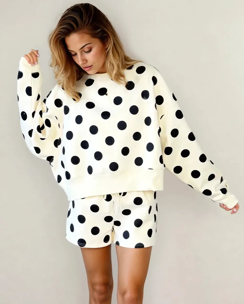 Kaylee Polka Dot Print Pullover Shorts Set - Cream sold by Zulily