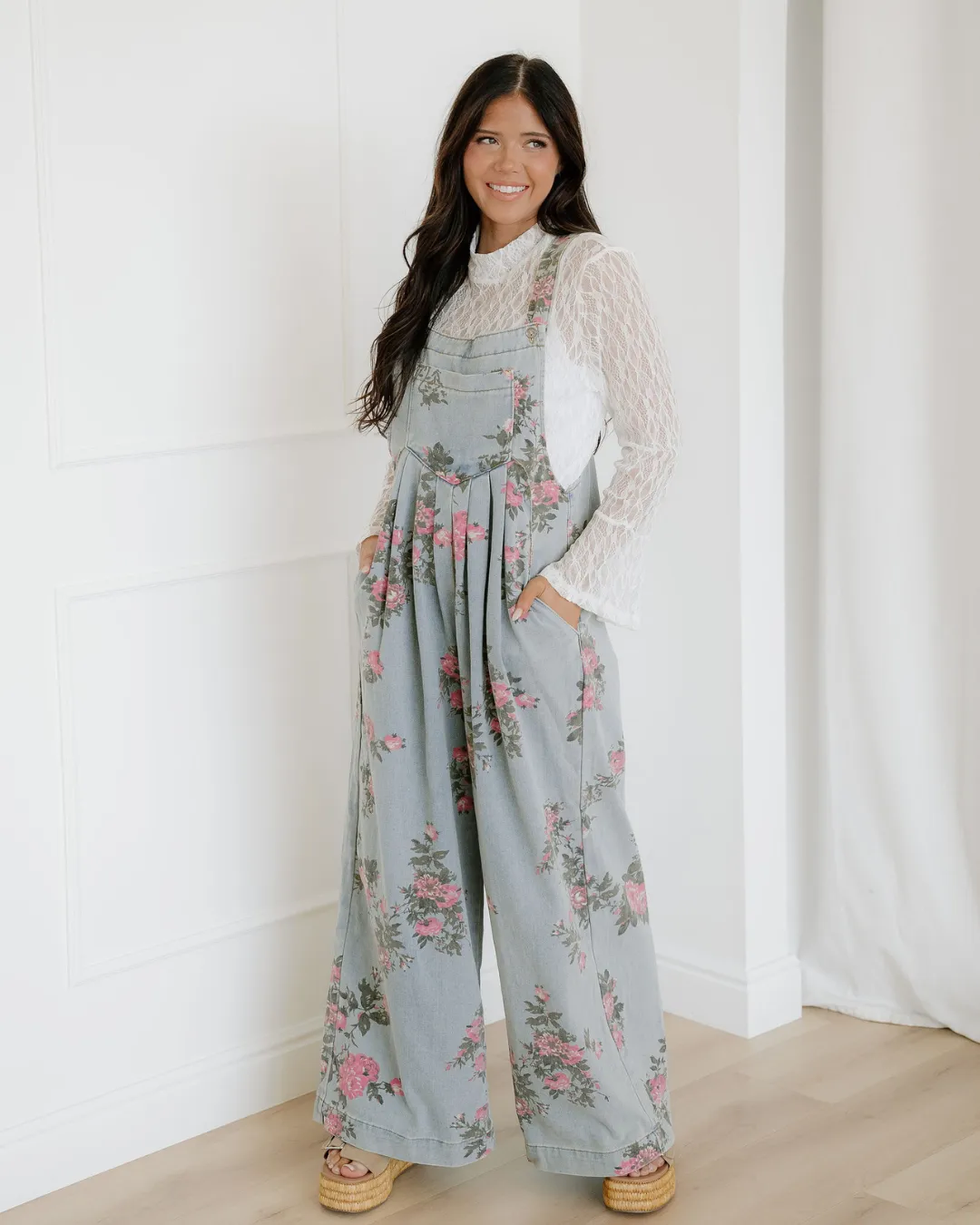 Floral Pleated Wide Leg Denim Overalls sold by Zulily