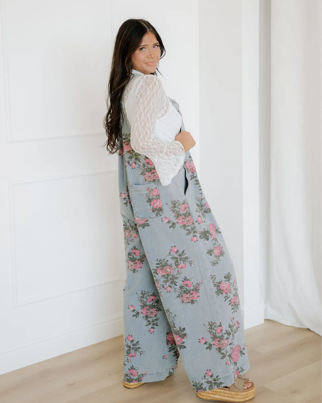 Floral Pleated Wide Leg Denim Overalls sold by Zulily product image thumbnail 5
