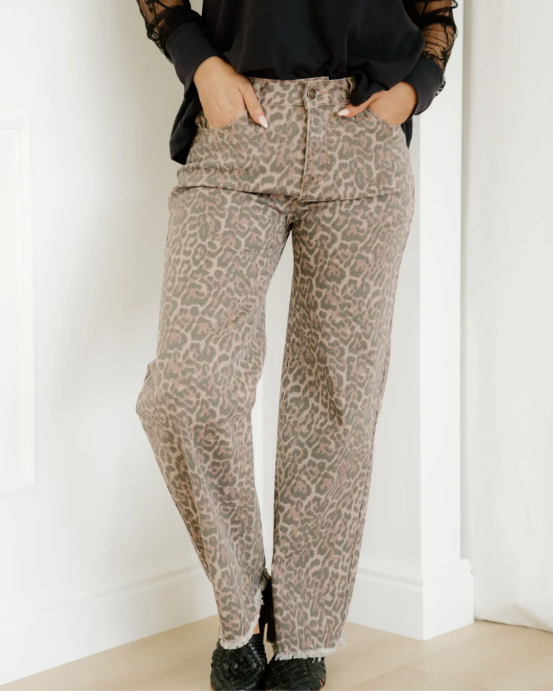 Emiliana Leopard Frayed Edge Wide Leg High Waist Jeans sold by Zulily product image thumbnail 2