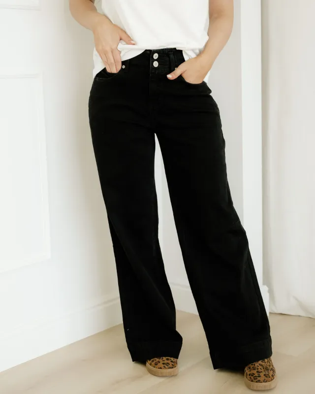 Brooke 2-Button High Waist Flared Bottom Jeans - Black made by Zulily