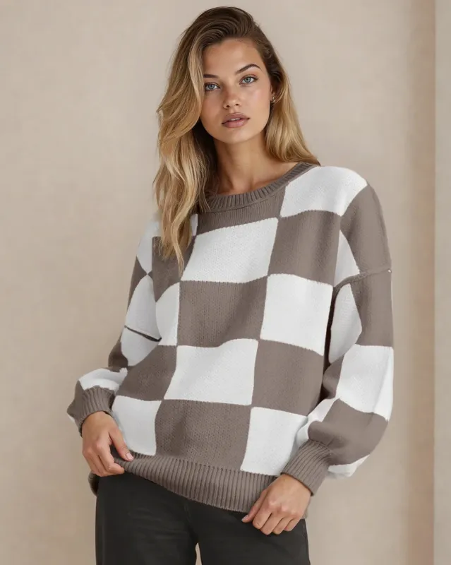 Checkered Crew Neck Sweater - Brown made by Zulily