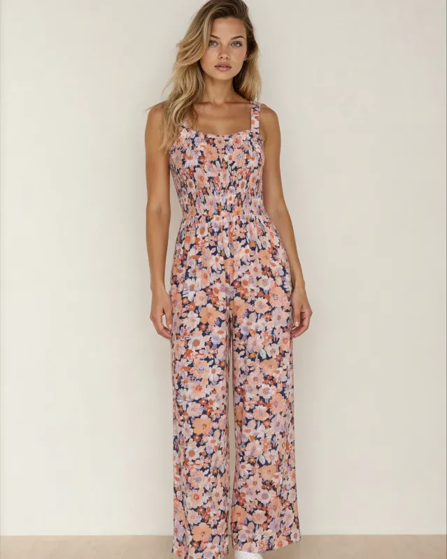 Angelica Square Neckline Stretch High Waist Jumpsuit - Pink Floral made by Zulily