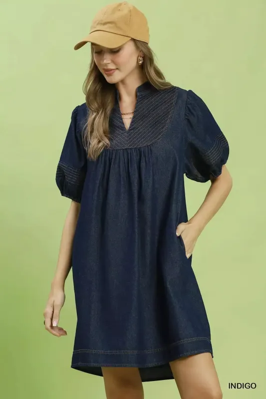 Umgee Notched Puff Sleeve Mini Dress with Pockets made by Zulily