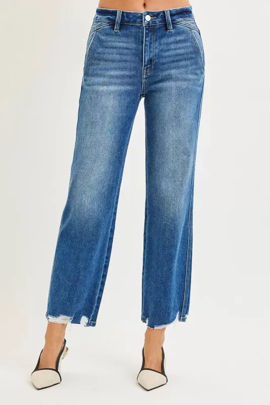 RISEN High Rise Ankle Straight Distressed Hem Detail Jeans made by Zulily
