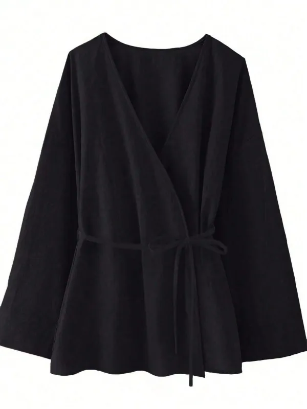 Chic YC Women's Wrap V-Neck Kimono Blouse Long Sleeve Tie Waist Casual Cotton Tunic Top made by Zulily
