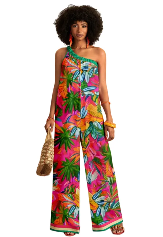 Chic YC Women's Tropical Print One Shoulder Jumpsuit Wide Leg Summer Party Romper made by Zulily