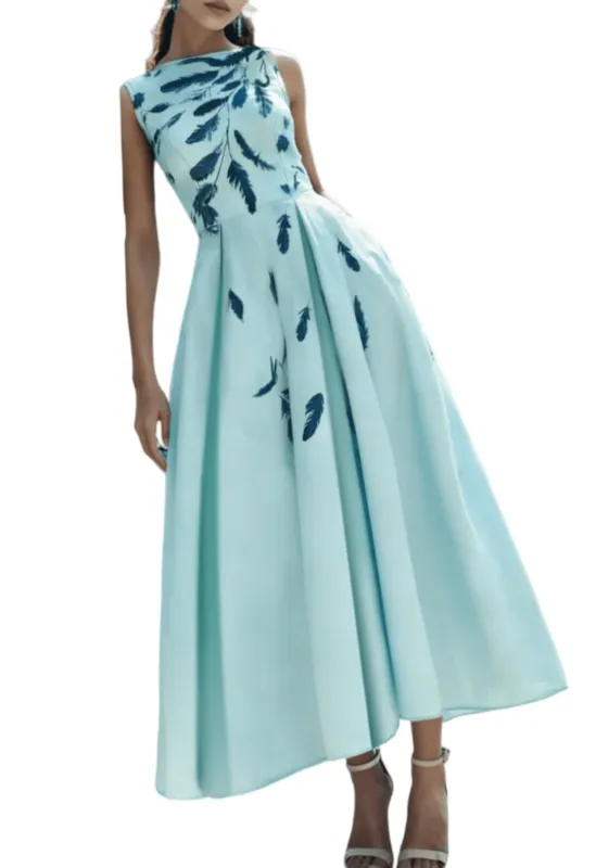 Chic YC Women's Feather Print Sleeveless Midi Dress A-Line Lace-Up Back Elegant Cocktail Party Dress made by Zulily