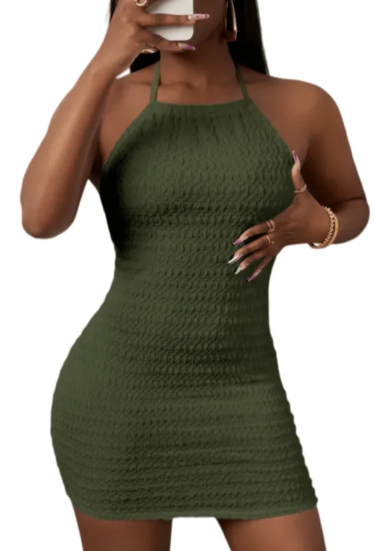 Chic YC Women's Textured Halter Neck Backless Mini Dress Bodycon Summer Party Dress made by Zulily