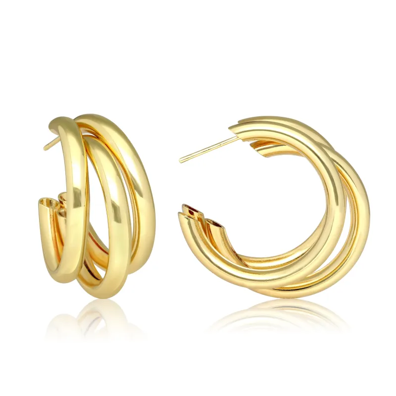 Triple Chunky Hoop Gold Plated Earrings with Gift Pouch made by Zulily
