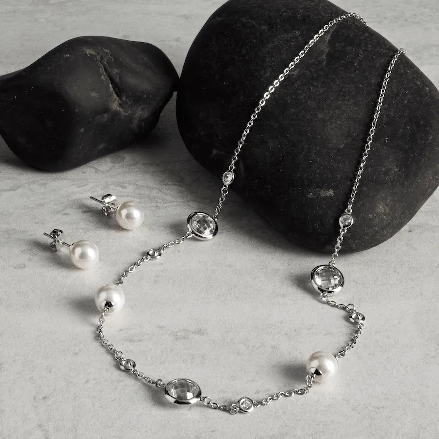 JOIA De Majorca 8mm Organic Man-Made Pearls on Cubic Zicronia Bezel Chain with 8mm Stud Earrings (White) sold by Zulily product image thumbnail 2