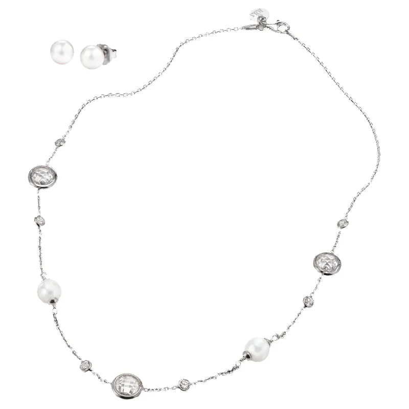 JOIA De Majorca 8mm Organic Man-Made Pearls on Cubic Zicronia Bezel Chain with 8mm Stud Earrings (White) made by Zulily