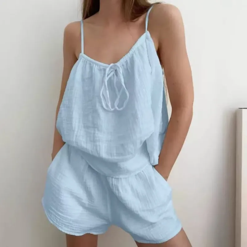 Women's Drawstring Front Gauze Sleep Set made by Leo Rosi