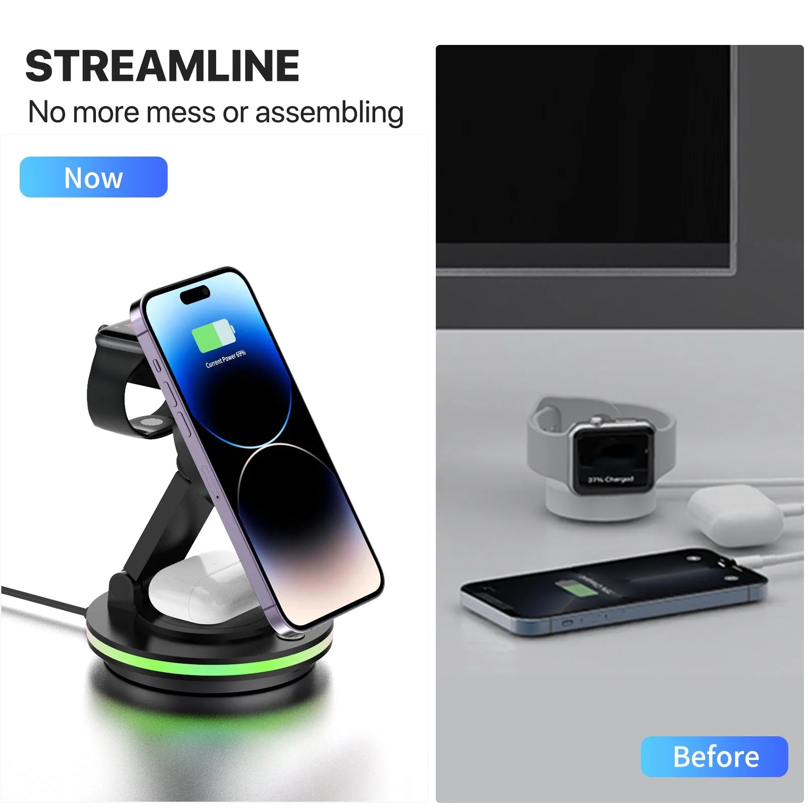 Foldable 4-in-1 Magnetic Wireless Charging Station with 7-Color Night Light for iPhone, Apple Watch & AirPods sold by Zulily product image thumbnail 2