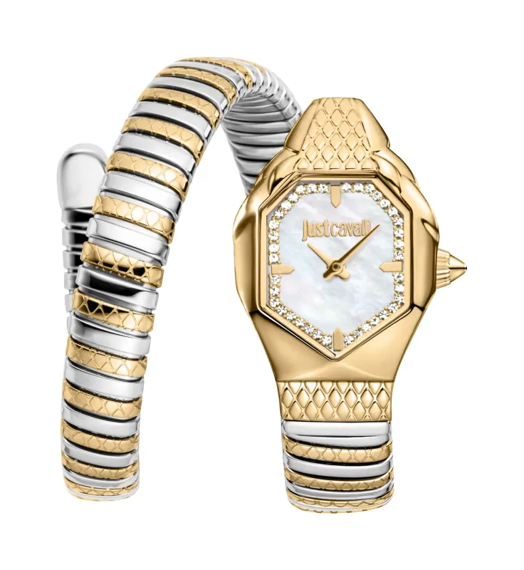 Just CAVALLI Women Watch, Two Tone Silver & Gold Color Case, White MOP Dial, Two Tone Silver & Gold Color Metal Bracelet, 2 Hands, 3 Atm made by Just Cavalli