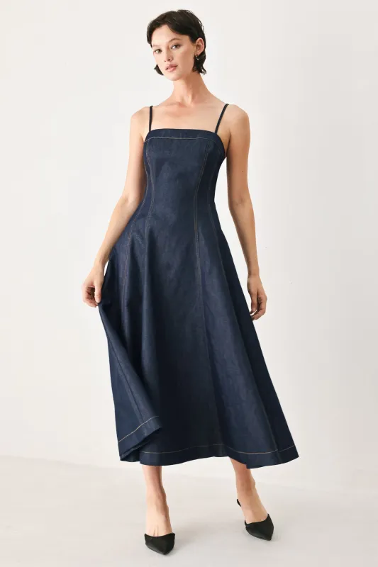 The Coastal Denim Woven Midi Dress made by Flying Tomato