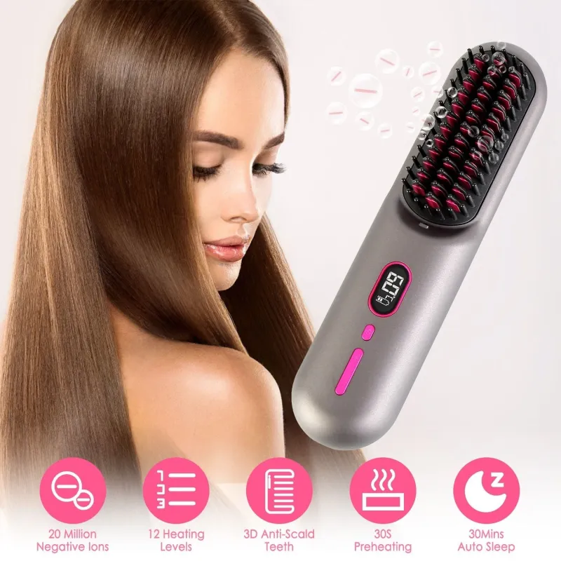 Cordless Negative Ion Hair Straightener Brush Rechargeable Mini Styling Comb with 12 Heating Levels Anti-scald 30S Preheating 30Mins Auto Sleep LCD Display made by Zulily