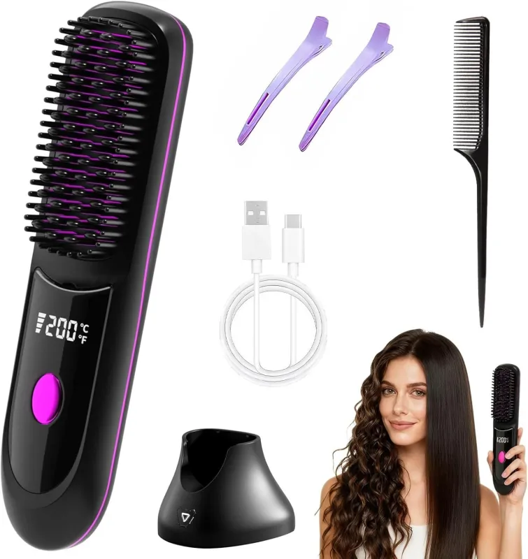 Hair Straightener, Cordless Hair Straightening Brush Portable Cordless Comb with Base Negative Ion Rechargeable Brush for Frizz-Free Shine Straightening, 6400mAh Fast Heating (Black) made by Zulily