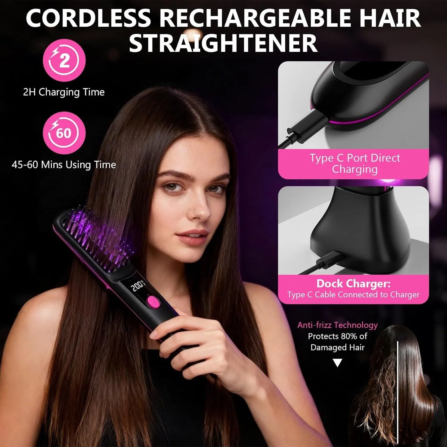 Hair Straightener, Cordless Hair Straightening Brush Portable Cordless Comb with Base Negative Ion Rechargeable Brush for Frizz-Free Shine Straightening, 6400mAh Fast Heating (Black) sold by Zulily product image thumbnail 5