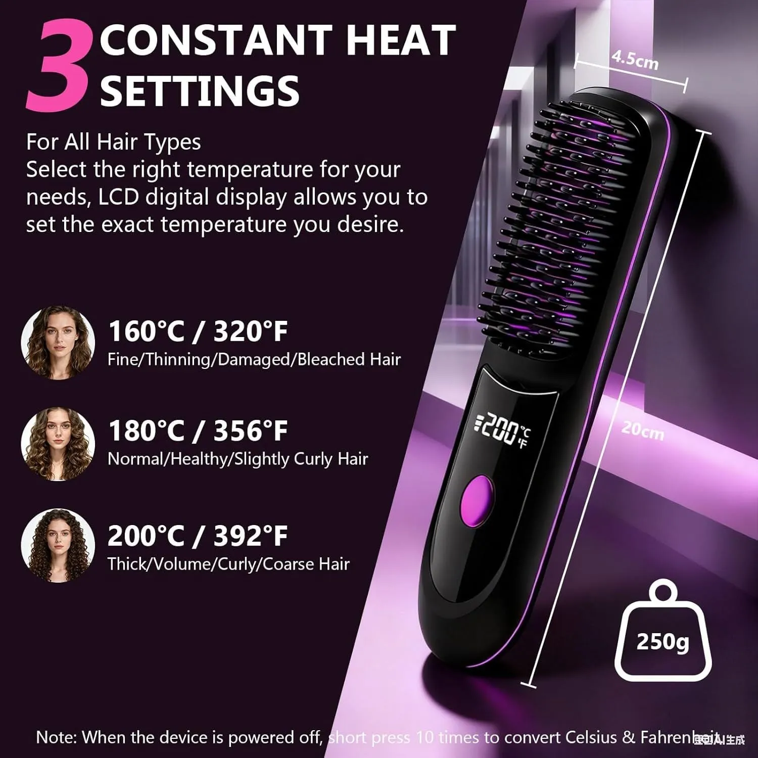 Hair Straightener, Cordless Hair Straightening Brush Portable Cordless Comb with Base Negative Ion Rechargeable Brush for Frizz-Free Shine Straightening, 6400mAh Fast Heating (Black) sold by Zulily product image thumbnail 2