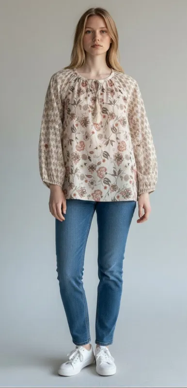 [161655-690] Womens Lucky Brand Notch Neck Blouse - Pink Multi made by Lucky Brand