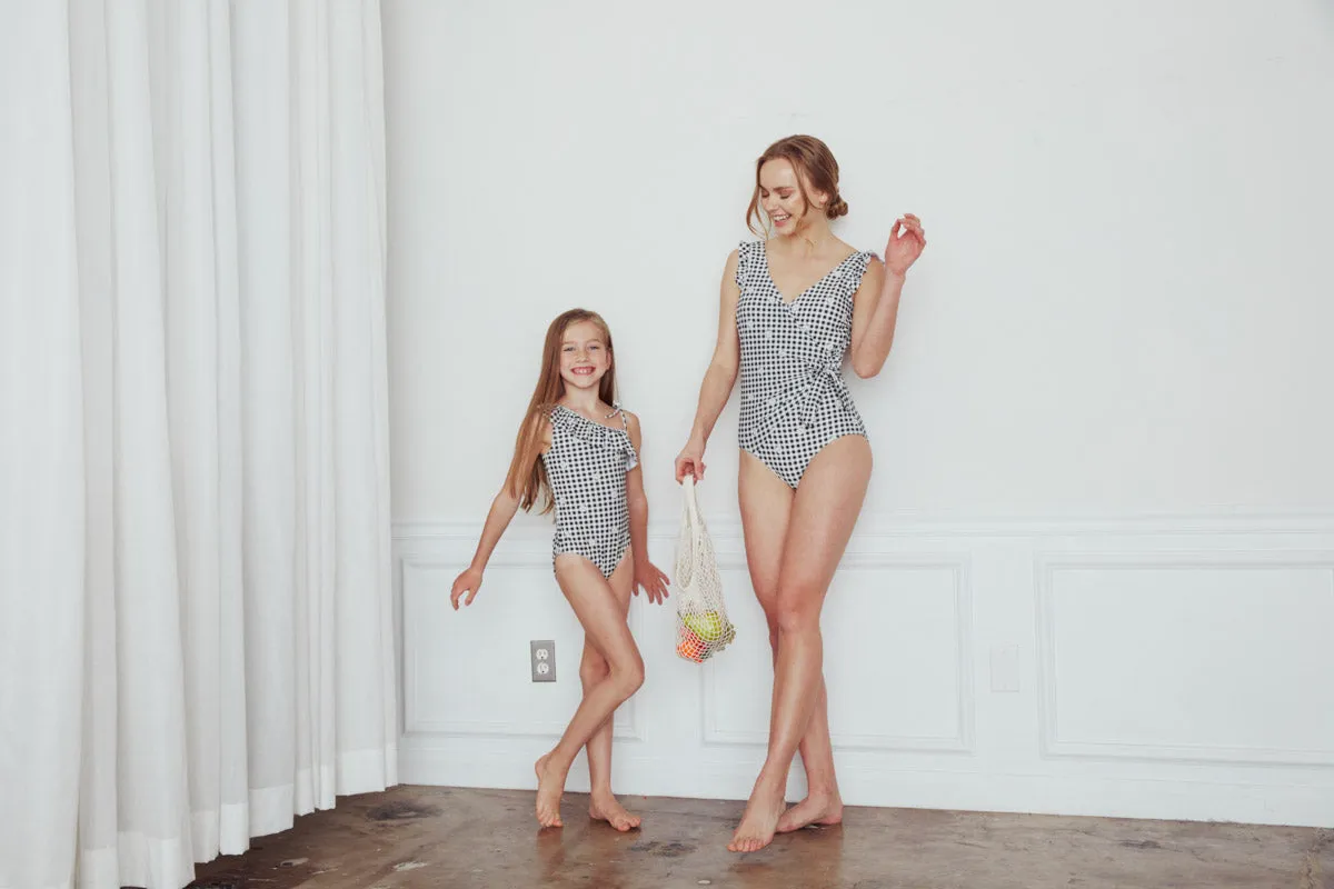 Marina West V-Neck Shoulder Ruffle One Piece Swimsuit (F1802) - Gingham Daisy Blk sold by Zulily product image thumbnail 3