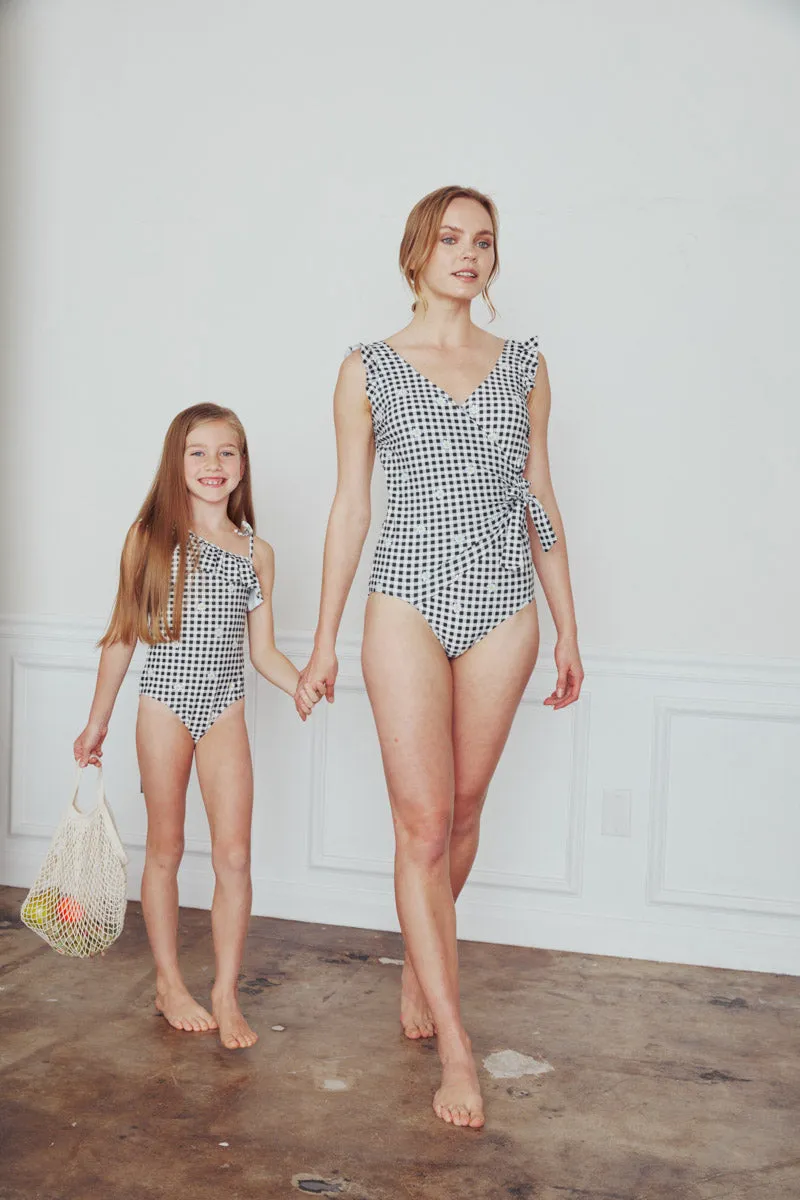 Marina West V-Neck Shoulder Ruffle One Piece Swimsuit (F1802) - Gingham Daisy Blk sold by Zulily product image thumbnail 4