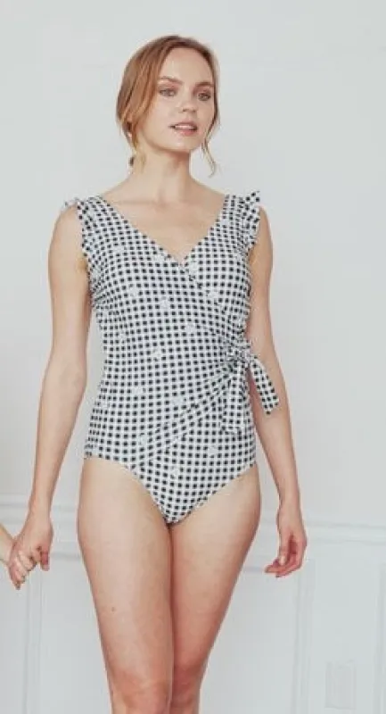 Marina West V-Neck Shoulder Ruffle One Piece Swimsuit (F1802) - Gingham Daisy Blk made by Zulily